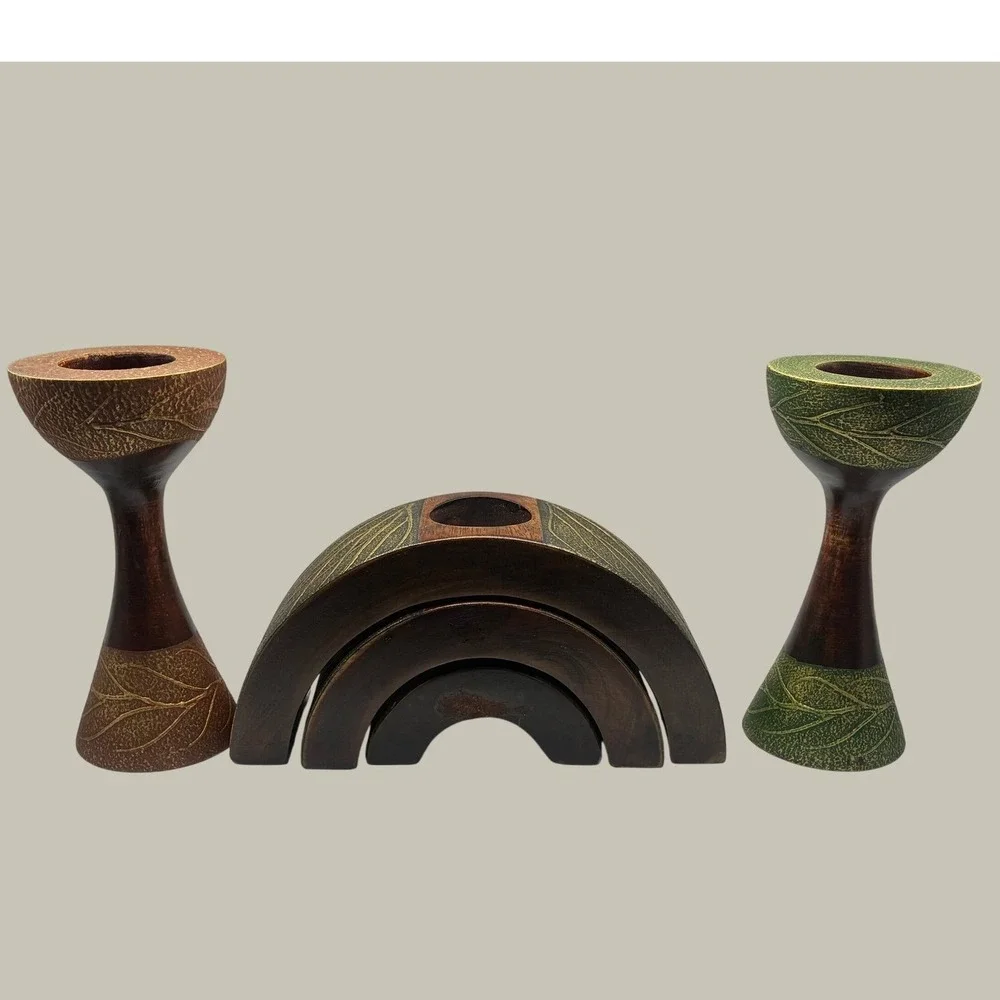 Wooden Candle Holder Set 5pc Brown Green Gold Leaf Motif Etched Decor